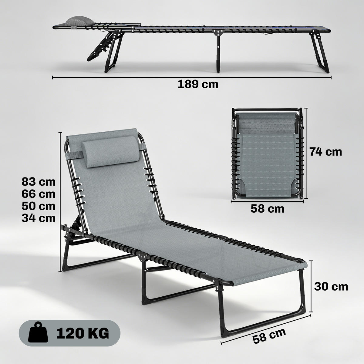 GARTENLIEGE Grau 1 Stück - Grau, Textil (58/30/189cm) - GiPP