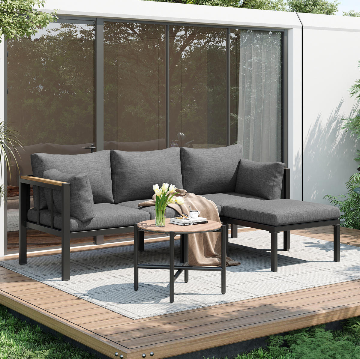 GARTENMÖBEL-SET 182/63/62 cm grau aus Polyester mit Couchtisch und Fußhocker - Grau, Textil - OKWISH