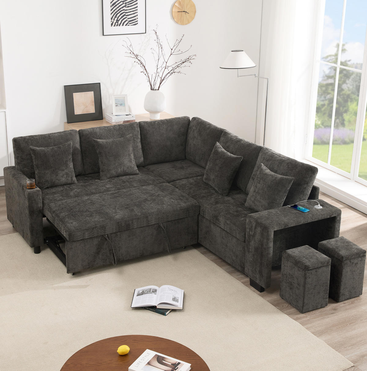 ECKSOFA 220/205/86,5 cm mit Schlaffunktion, Stauraum, USB- und USB-C-Anschluss, Chenille, Grau - Grau, Textil (220/205cm) - Redom