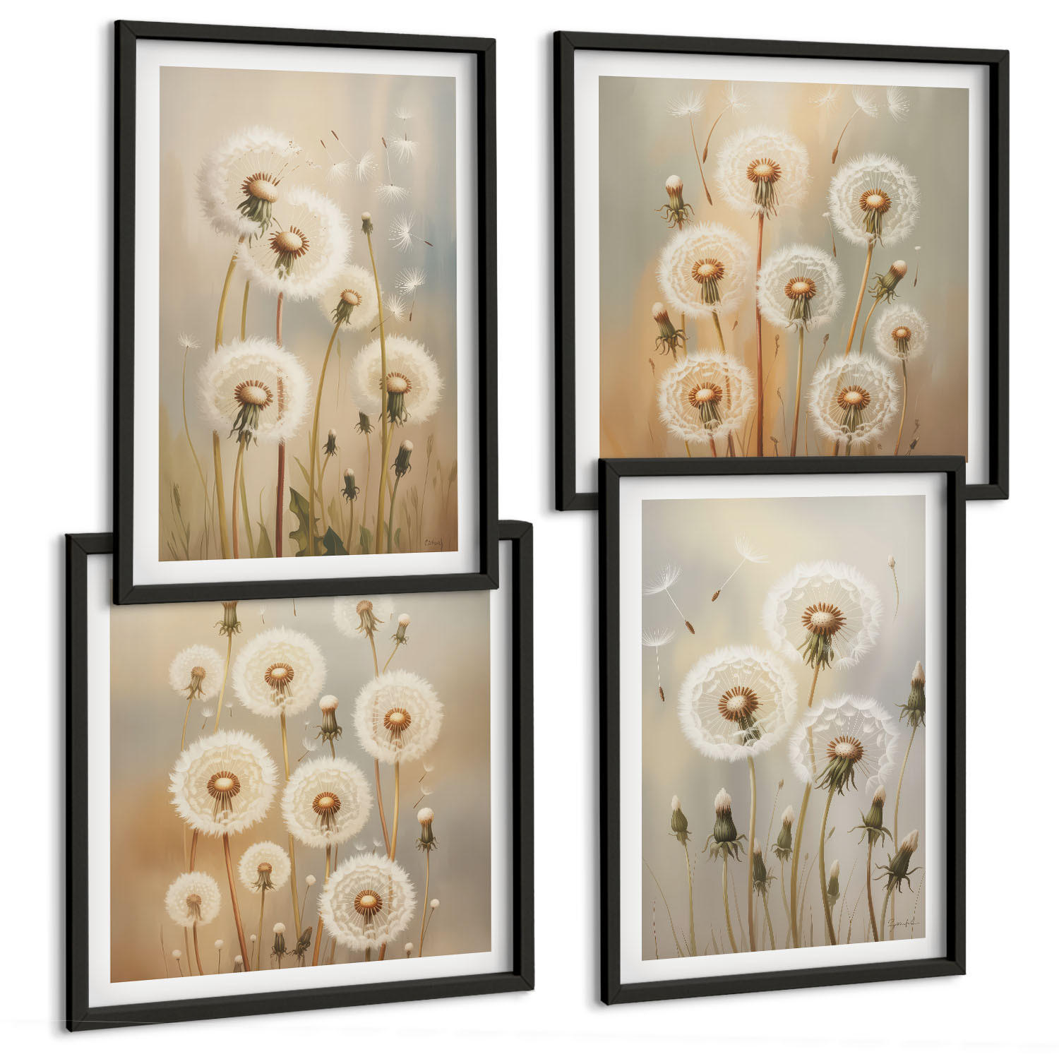 BILDER SET 4er Set - 50x50 cm & 40x60 cm Schwarzer Rahmen - Weiße Löwenzahnblüten auf hellem Hintergrund - Schwarz, Kunststoff (50/50cm) - TULUP