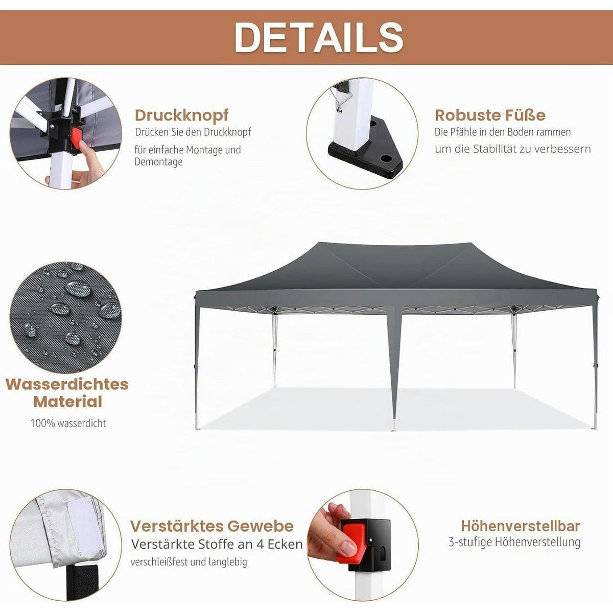 FALTPAVILLON 3 x 6 m Grau Wasserdicht mit 6 Seitenteilen - Grau, Textil (300/320/600cm)
