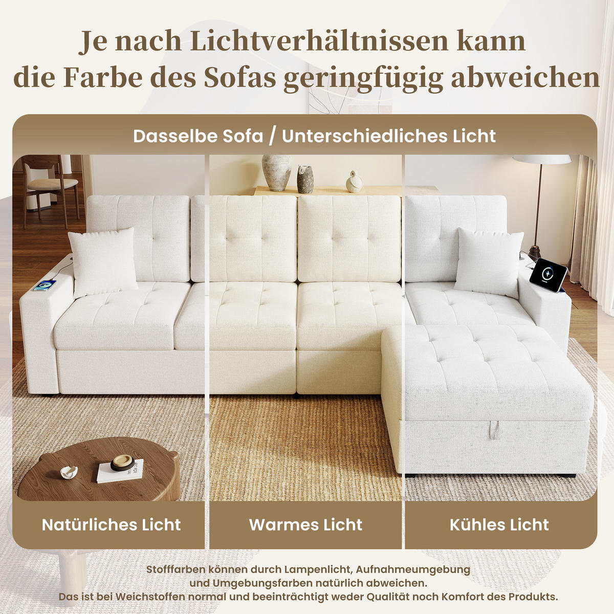 ECKSOFA 253/144.5/80.7 cm Beige mit Aufbewahrungshocker, LED Stimmungslicht und Stauraum - Beige, Textil (253/144.5cm) - Oxeza