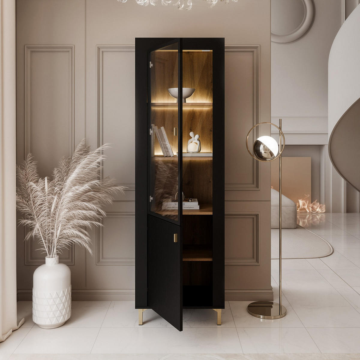 VITRINE AVENA Glastüren, 60/40/194 cm Schwarz / Eiche - Schwarz, Holzwerkstoff/Kunststoff (60/194/40cm) - Idohome