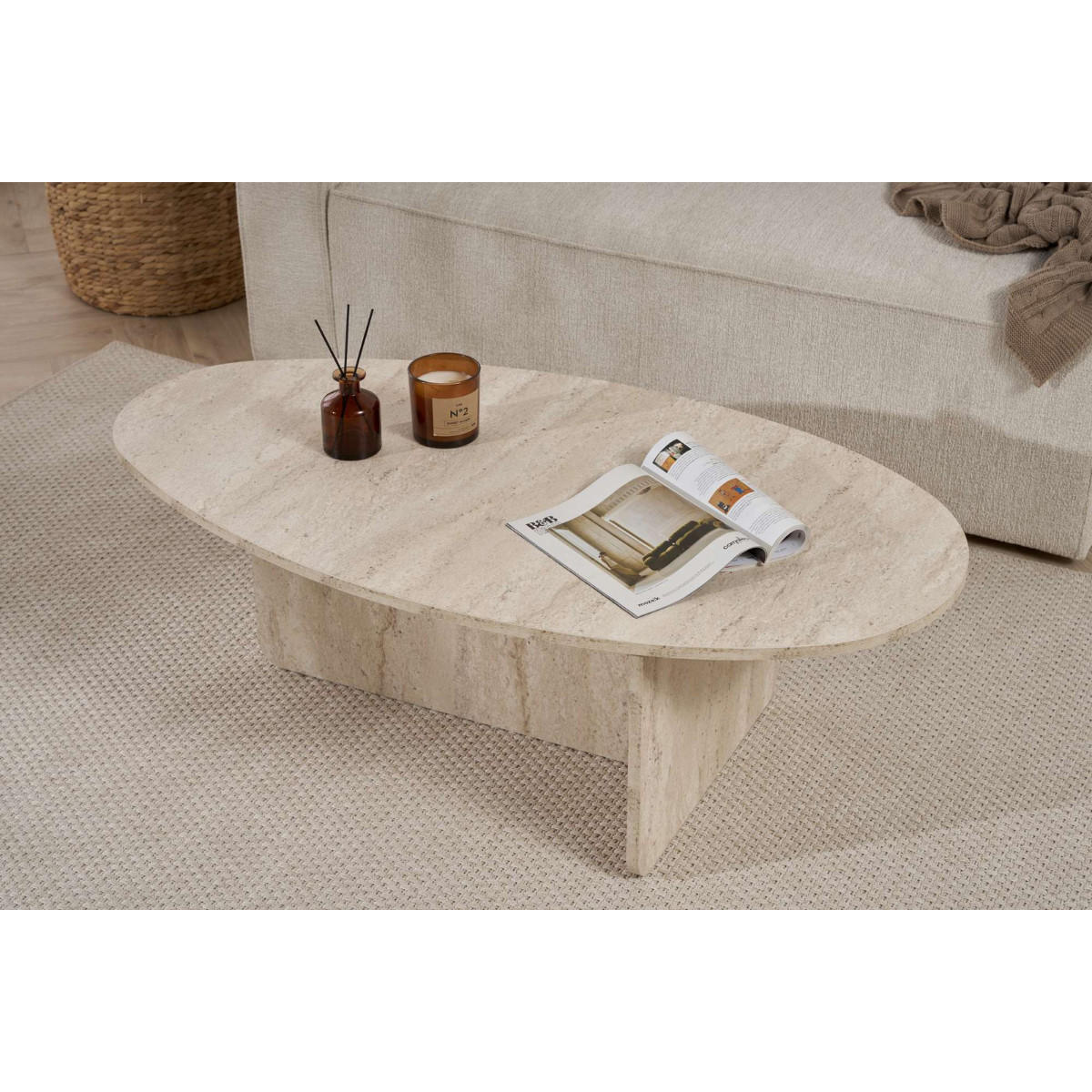 COUCHTISCH mit ovaler Platte L125 cm 65/120/40 cm - Beige, Holzwerkstoff (70/65/40cm) - Calicosy