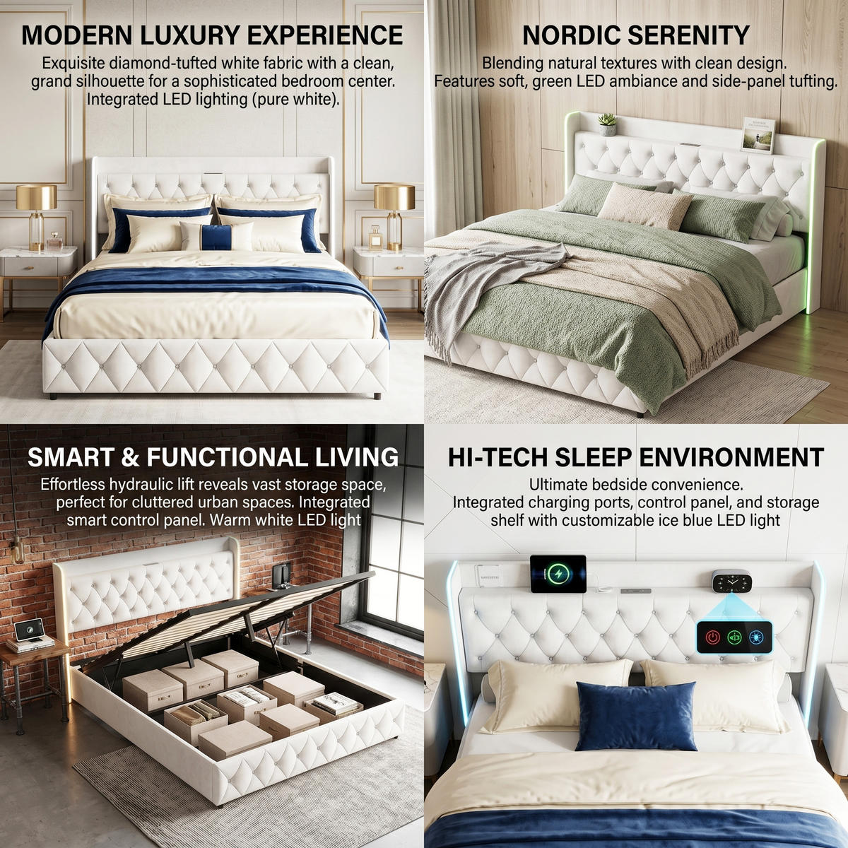 POLSTERBETT Rautensteppung 140/200 cm mit Bettkasten & Lauflicht-LED Samtoptik Beige - Beige, Textil (140/200cm) - Creahappy