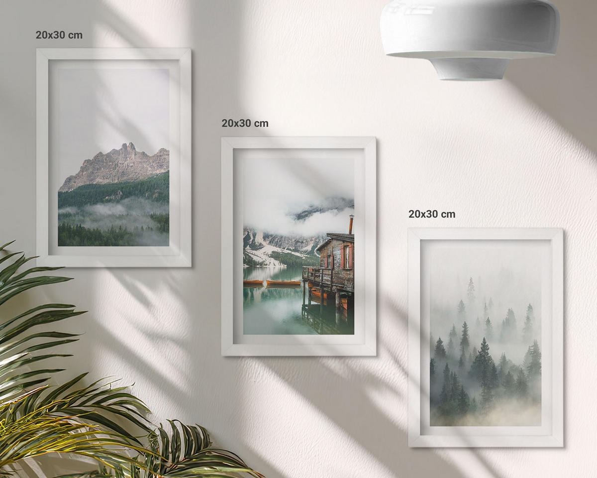 WANDBILDER 3er-Set - 20x30 cm Weißer Rahmen - Berge, See, Hütte, Nebel - Weiß, Kunststoff (20/30cm) - ArtPrintCave