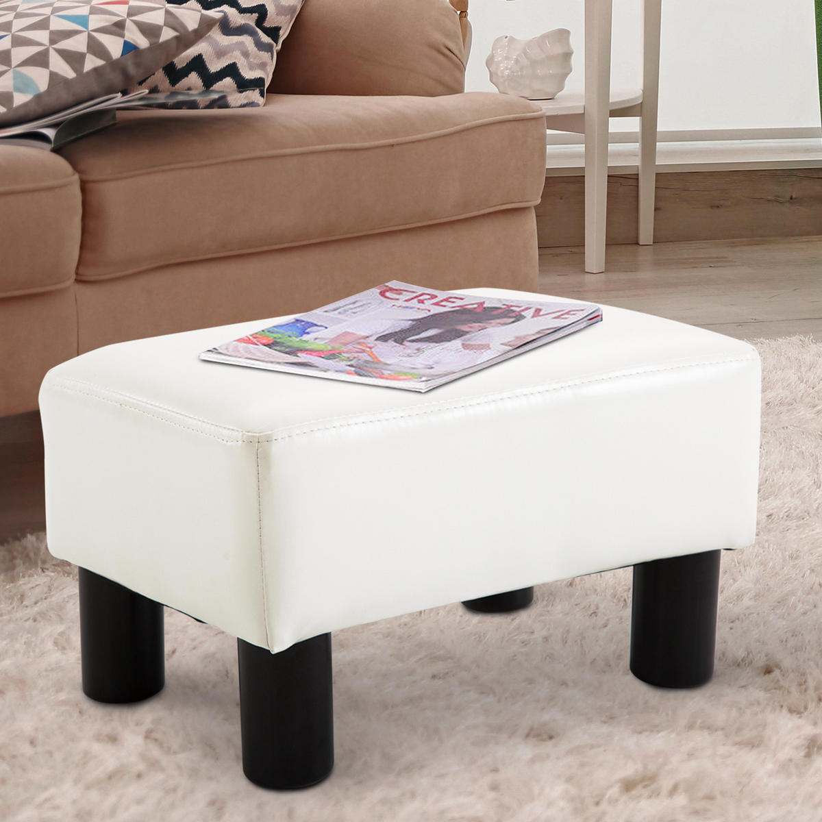 FUSSHOCKER, Beinstütze, Sitzhocker, Weiß - Weiß, Leder (30/24/40cm) - HOMCOM