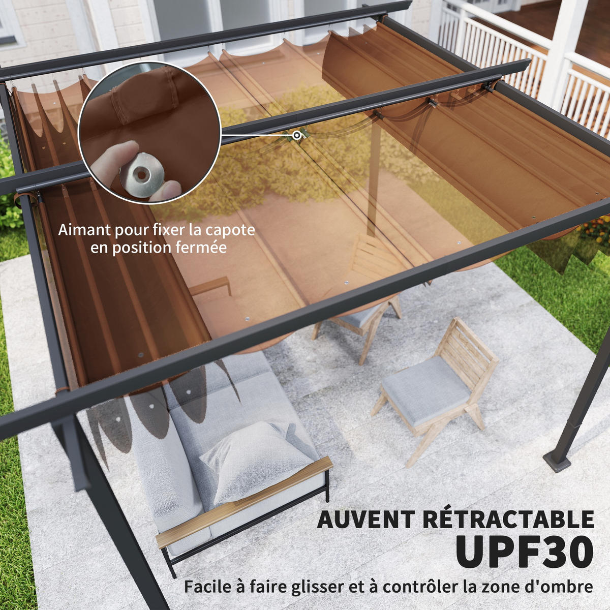 PERGOLA DE-12651 300/300 cm ausziehbar mit Magnetverschluss Braun - Braun, Textil (300/227/300cm) - ComfortXL