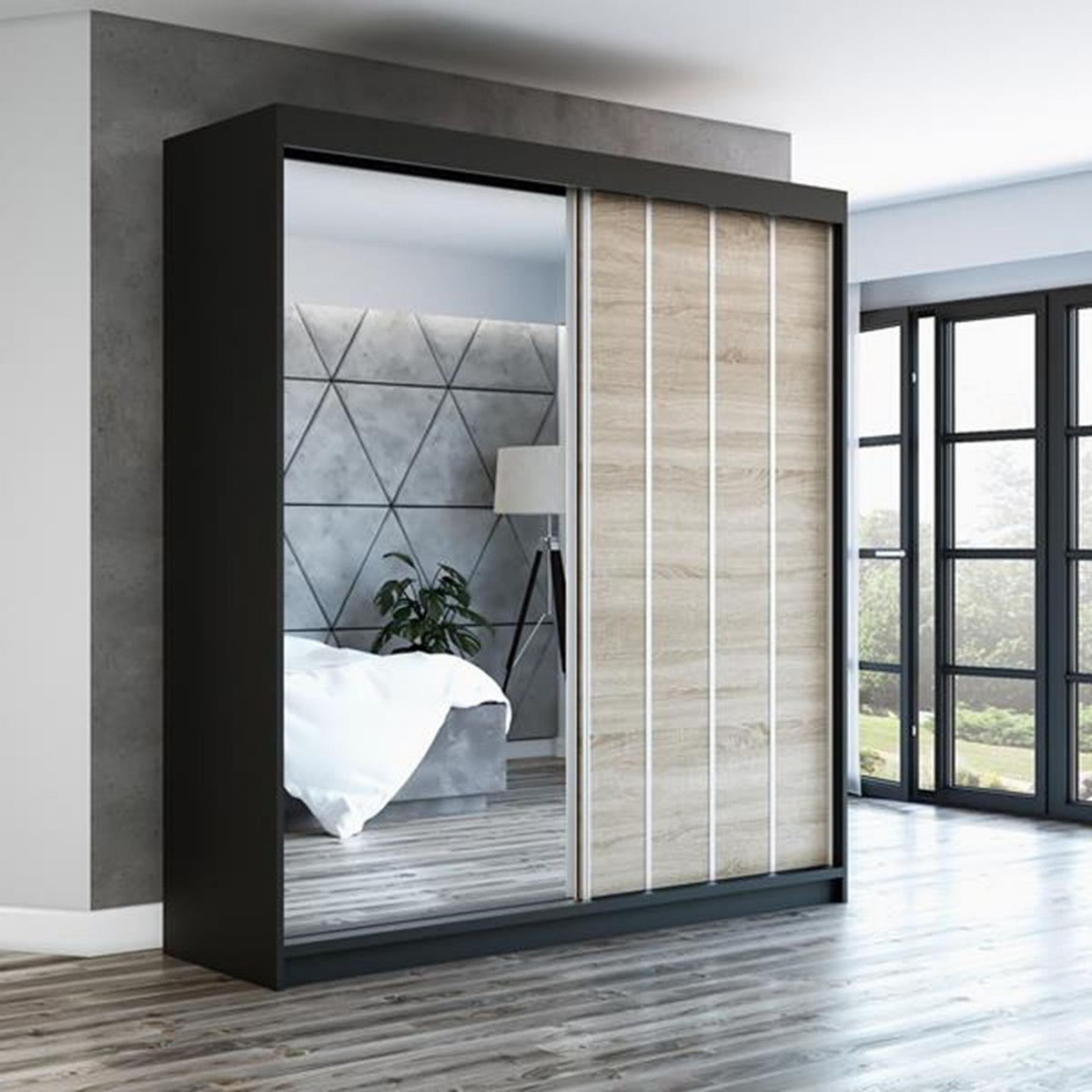 SCHWEBETÜRENSCHRANK 180 CM GLIDE Farbe: Schwarz , sonoma - Schwarz/Braun, Holzwerkstoff (180/215/59.5cm) - A&J MöbelLand