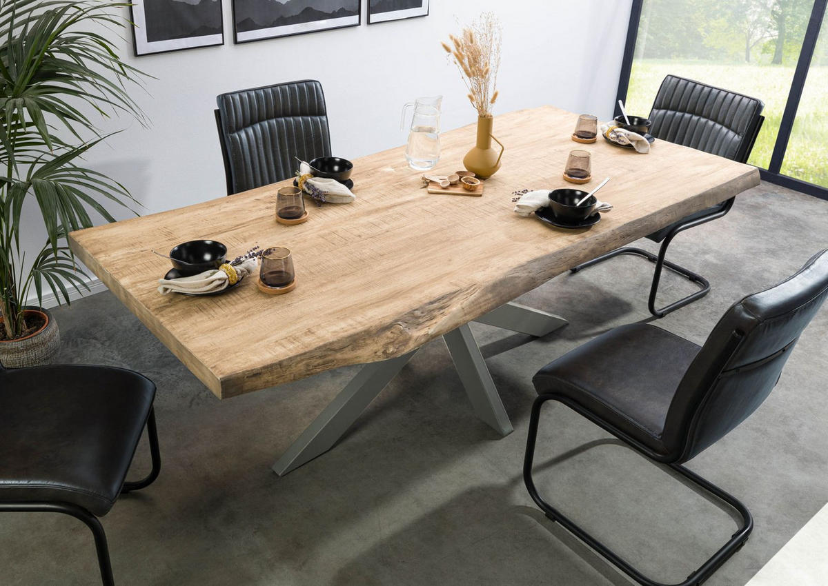 BAUMTISCH Mango 220x100x77 beige lackiert / Kreuzgestell silber matt FREEFORM 5 - Beige/Silberfarben, Holz (220/100/77cm) - Massivmoebel24