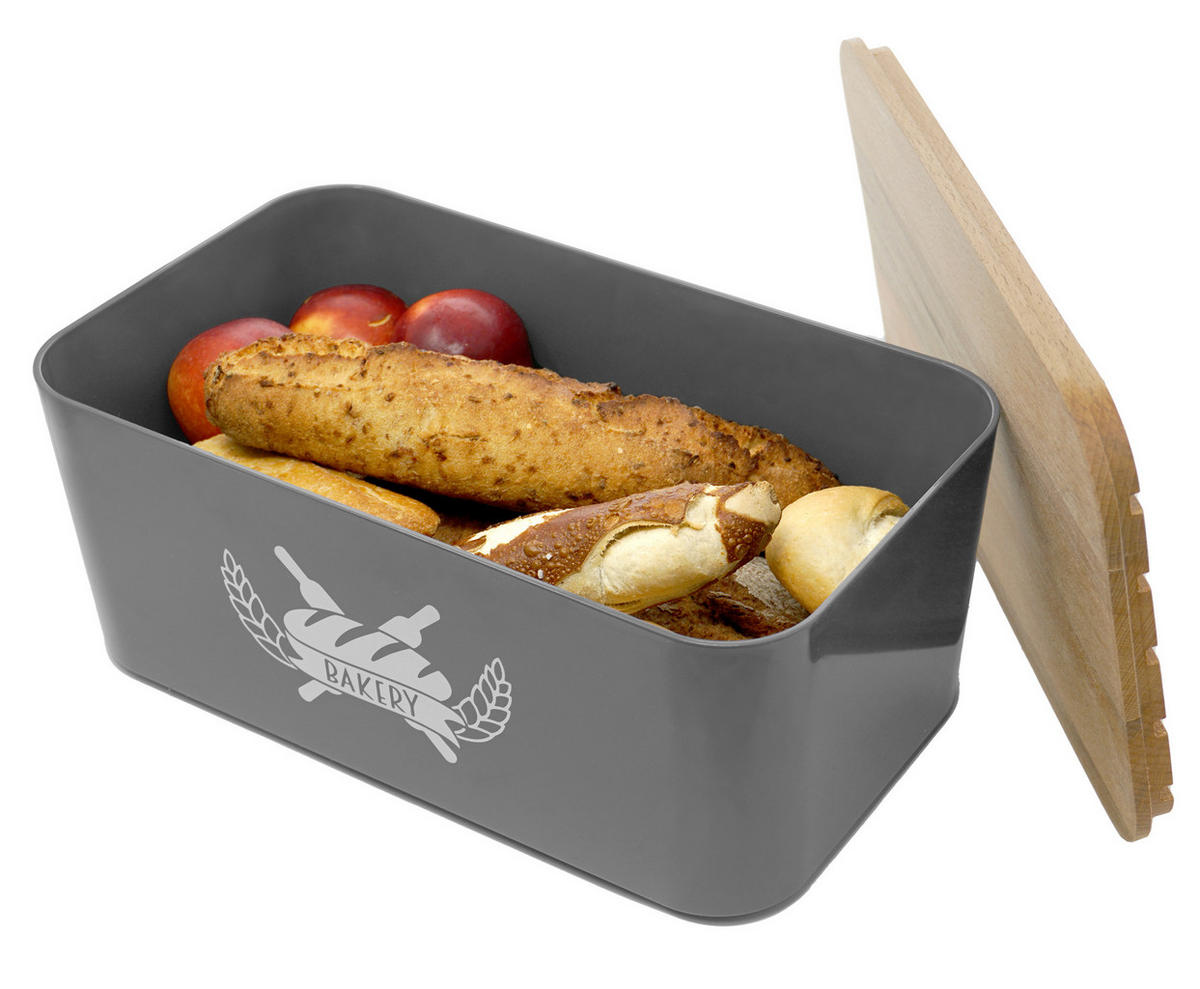 BROTKASTEN mit Bambus Schneidebrett grau - Grau, Kunststoff (15/22/36cm) - Lashuma