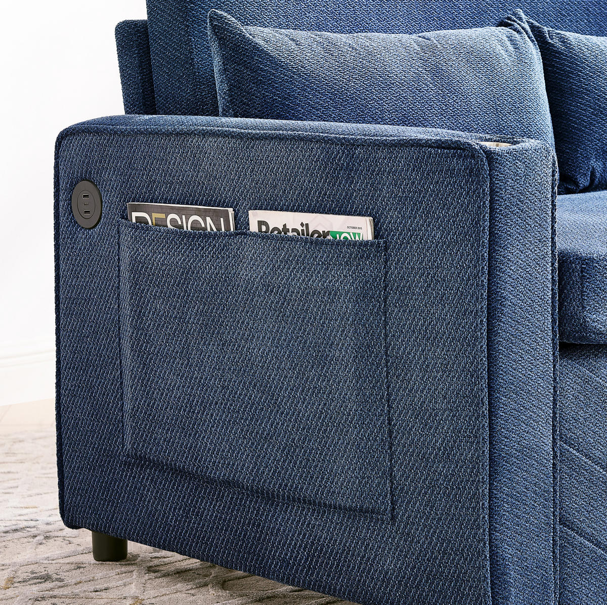 SCHLAFSOFA 3-in-1 mit USB-Ladeports Holz Stoff Navy Blue - Blau, Holz (134/73/195cm) - Meubliv