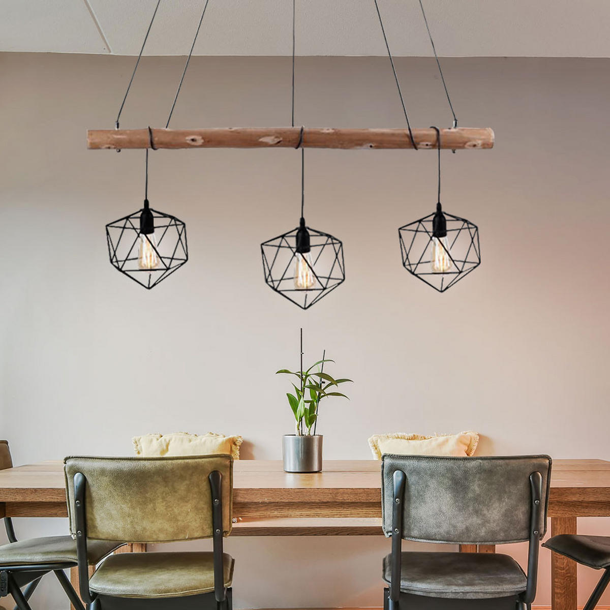 METALL HÄNGELEUCHTE Braun Gitteroptik Holz 3 Flammig - Braun, Holz (100/20/120cm)