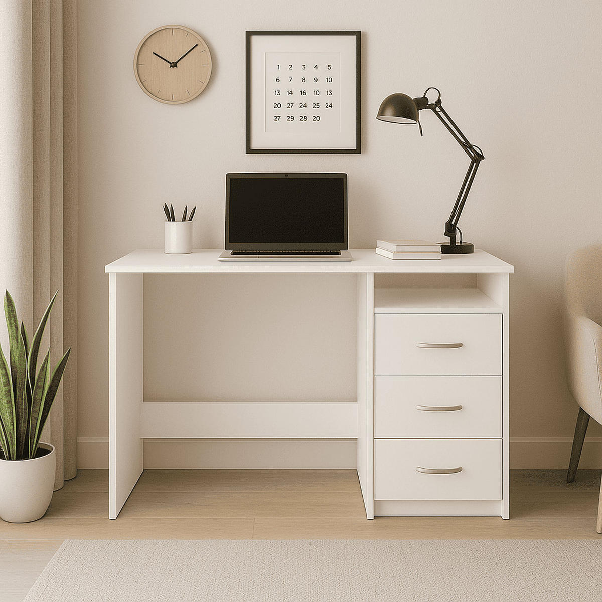 SCHREIBTISCH 1 Fach 3 Schubladen L123 cm - Aristote - Weiß, Holzwerkstoff (123/50.1/76.5cm) - Calicosy