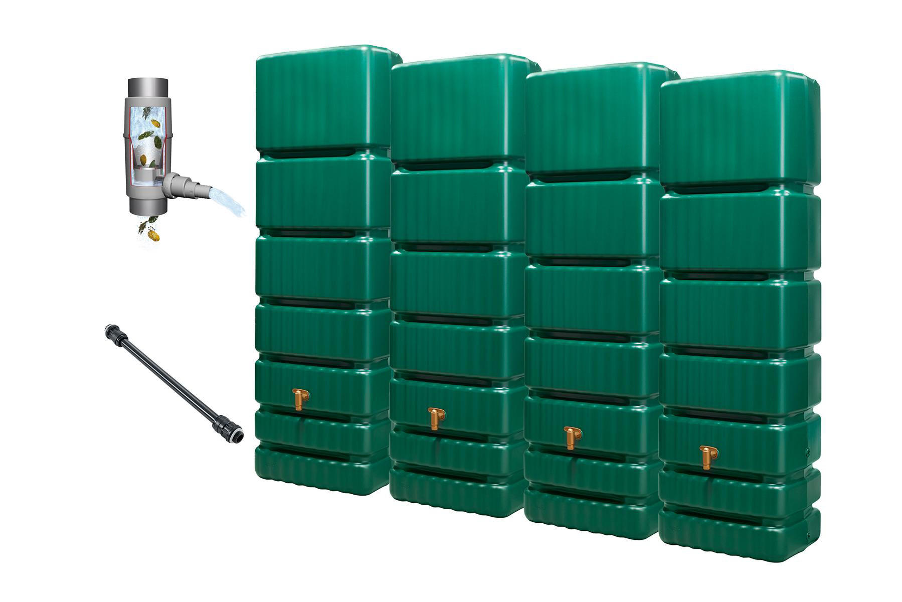 WANDTANK Komplett-Set 1400 L grün 4 x 350 L inkl. Verbindungsset, Kunststoff-Auslaufhahn und Fallrohranschluss - Grün, Kunststoff (270/184/39cm) - 4rain