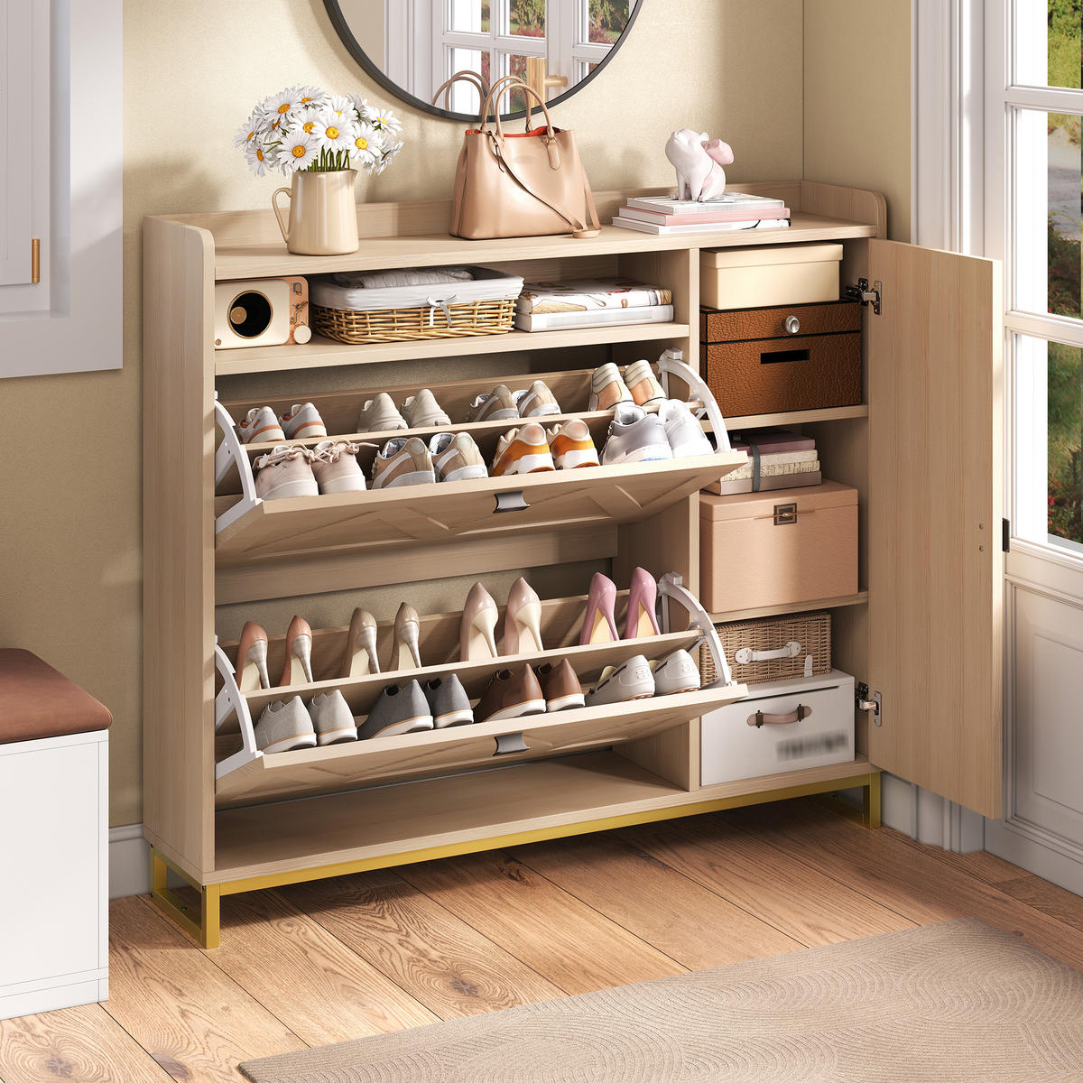 SCHUHSCHRANK Klappfach Seitenschrank Metallgestell - Naturfarben, Holz (110/100/24cm) - LEBENLANG