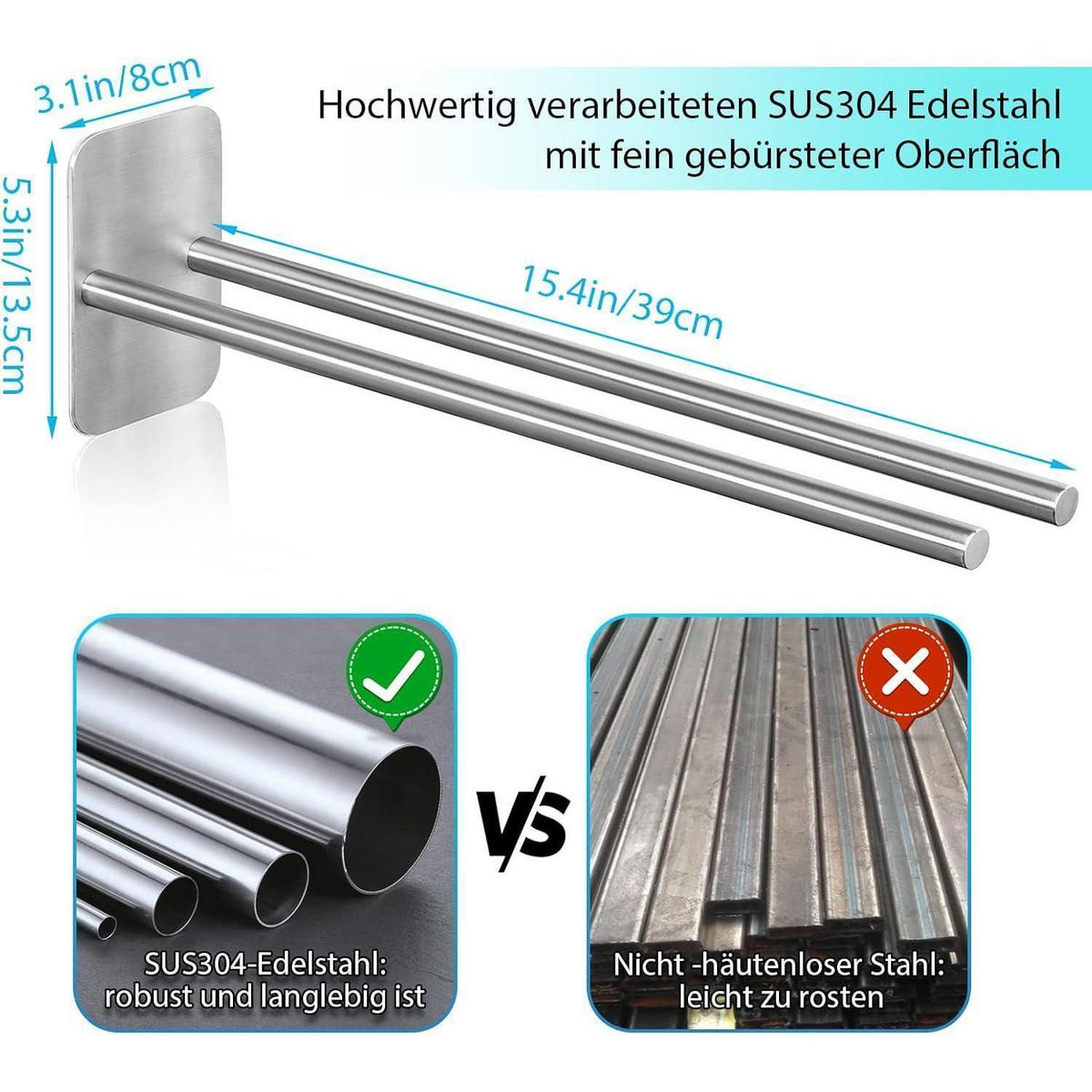 HANDTUCHHALTER Edelstahl gebürstet 40 cm zweiarmig ohne Bohren - Silberfarben, Metall (13/7.5/40cm)