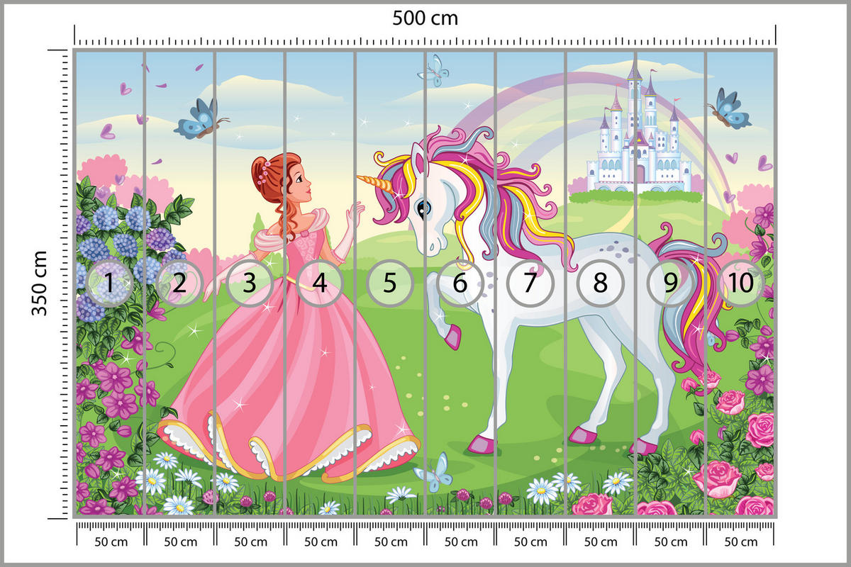 FOTOTAPETE für Kinderzimmer Prinzessin Einhorn Schloss Blumen 500x350 - Blau/Gelb, Papier (500/350cm) - Muralo