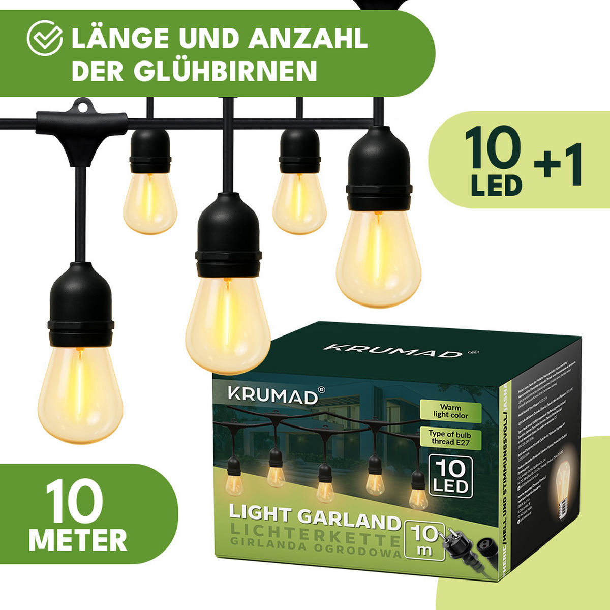 AUSSENLEUCHTE Girlande LED Außen Lichterkette 10m - Schwarz, Kunststoff (10000/10/10cm) - KRUMAD