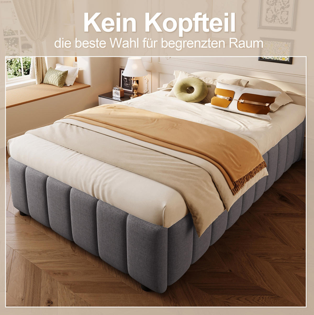 POLSTERBETT 90/200 cm Grau aus Leinen mit Bettkasten ohne Kopfteil - Grau, Textil (90/200cm) - Flora Grace