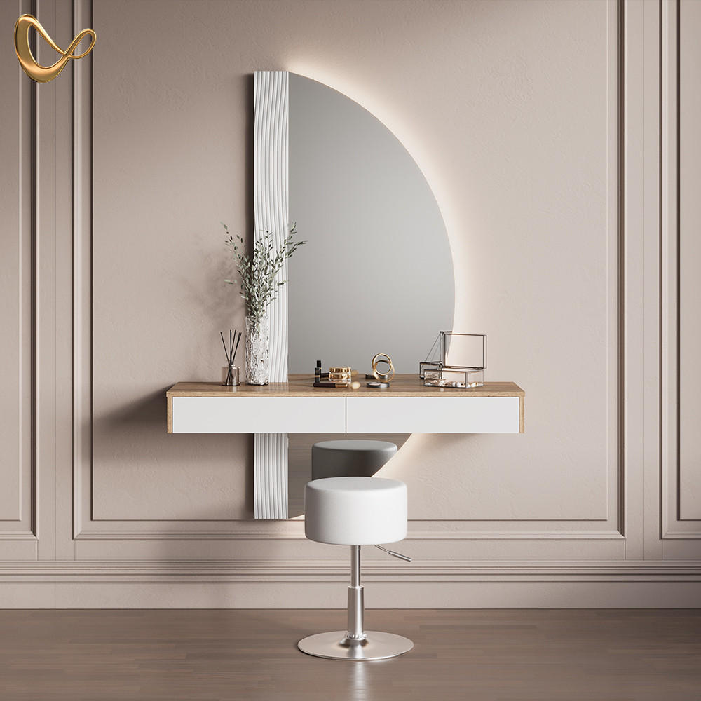 SCHMINKTISCH Ascona Weiß mit LED Beleuchtung und Hocker - Eichefarben/Weiß, Holzwerkstoff (120/161.1/40cm) - Livinity®