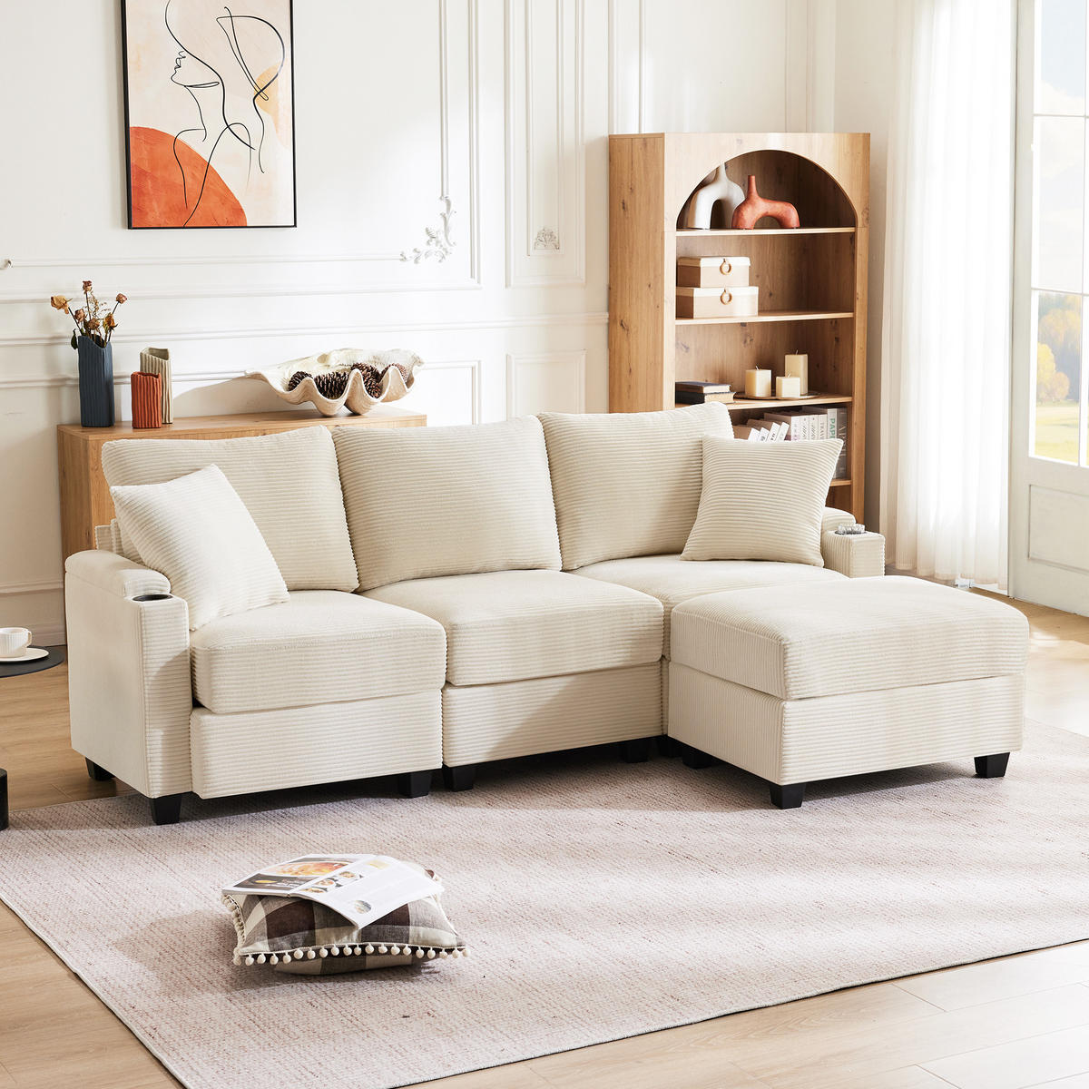 ECKSOFA 213.5/139/87 cm Beige mit Fußhocker, Getränkehalter, USB-Ladegerät und Armlehnenablage - Beige, Textil (213.5/139cm) - Oxeza