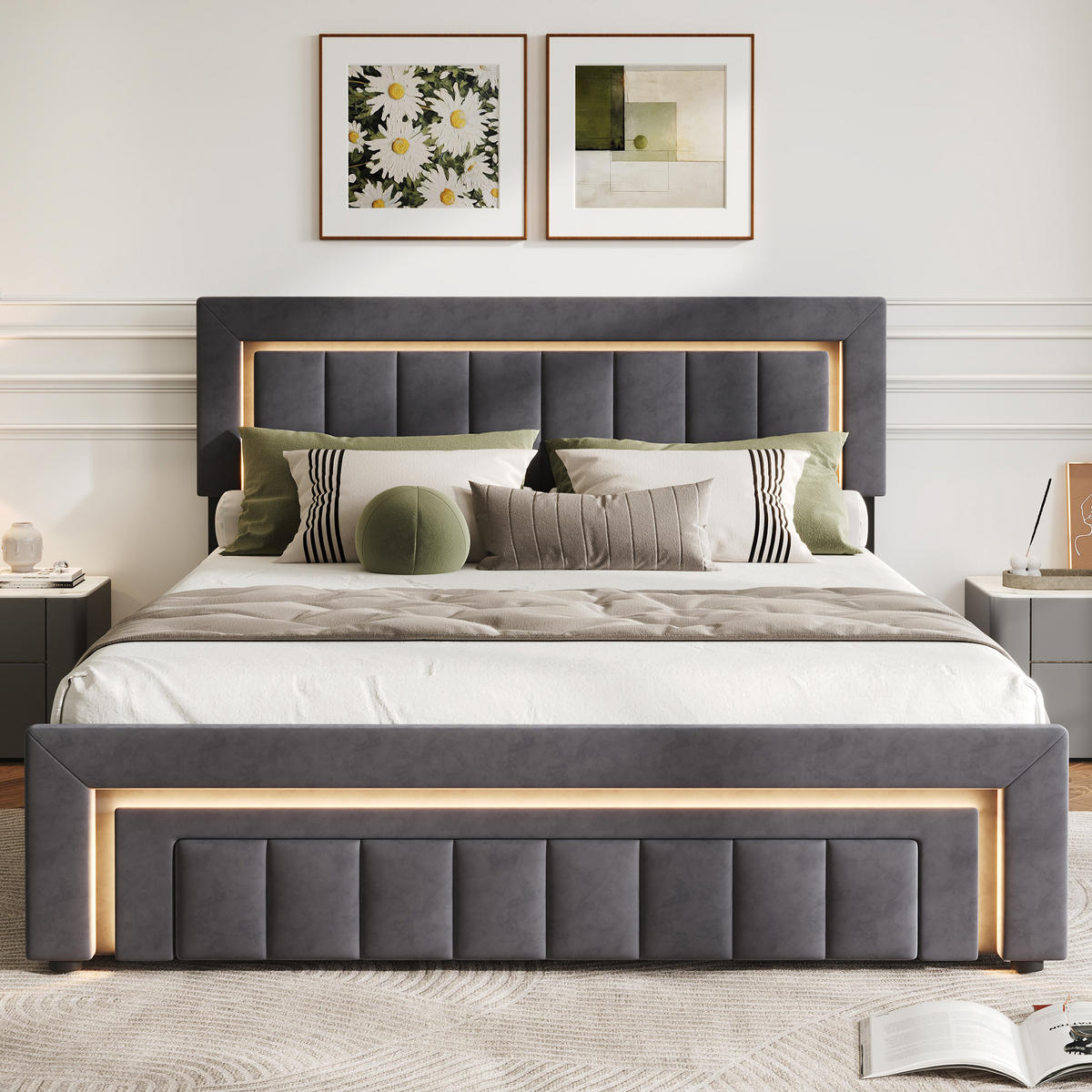 POLSTERBETT 140/200 mit Matratze und Bettkasten, mit Schubladen und LED, in Grau - Grau, Holzwerkstoff/Textil (140/200cm) - STILVORA