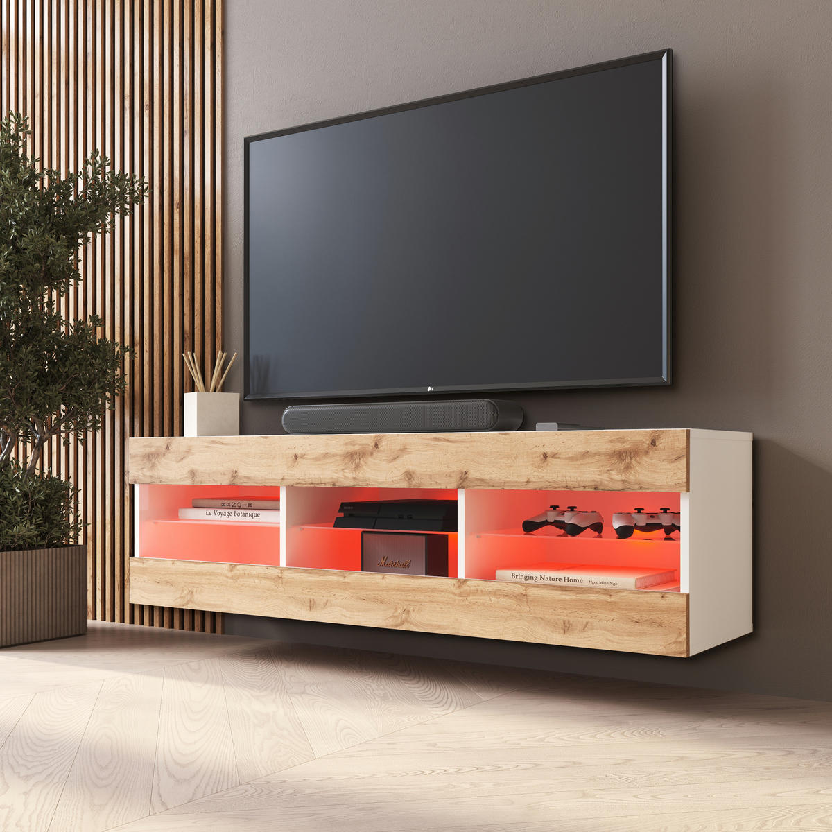 LOWBOARD TIVOLI RTV 140, Wotan, LED Mehrfarbige - Eiche Wotan/Weiß, Glas/Holzwerkstoff (140/40.5/35.5cm) - Komodee