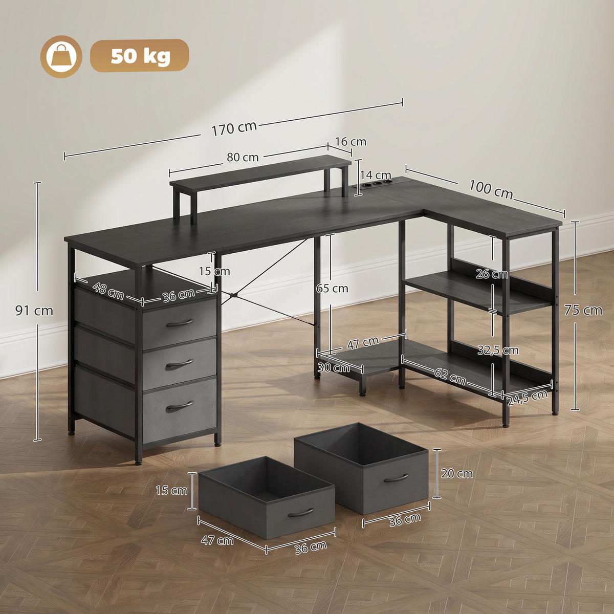 SCHREIBTISCH 170cm, umkehrbarer Eckschreibtisch, Steckdose, Stauraum - Schwarz, Holzwerkstoff (100/170/91cm) - Gisaae