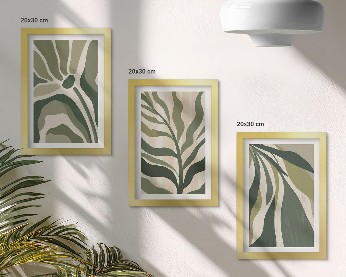 BILDER SET 3er Set - 20x30 cm Goldrahmen - Illustrationen gemalter grüner Blätter - Goldfarben, Kunststoff (20/30cm) - TULUP