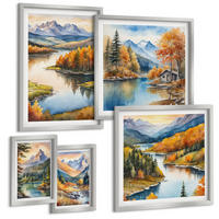 BILDER SET 5er Set - 50x50 cm & 20x30 cm & 40x60 cm Silberner Rahmen - Berglandschaft mit einem Fluss - Silberfarben, Kunststoff (40/60cm) - TULUP