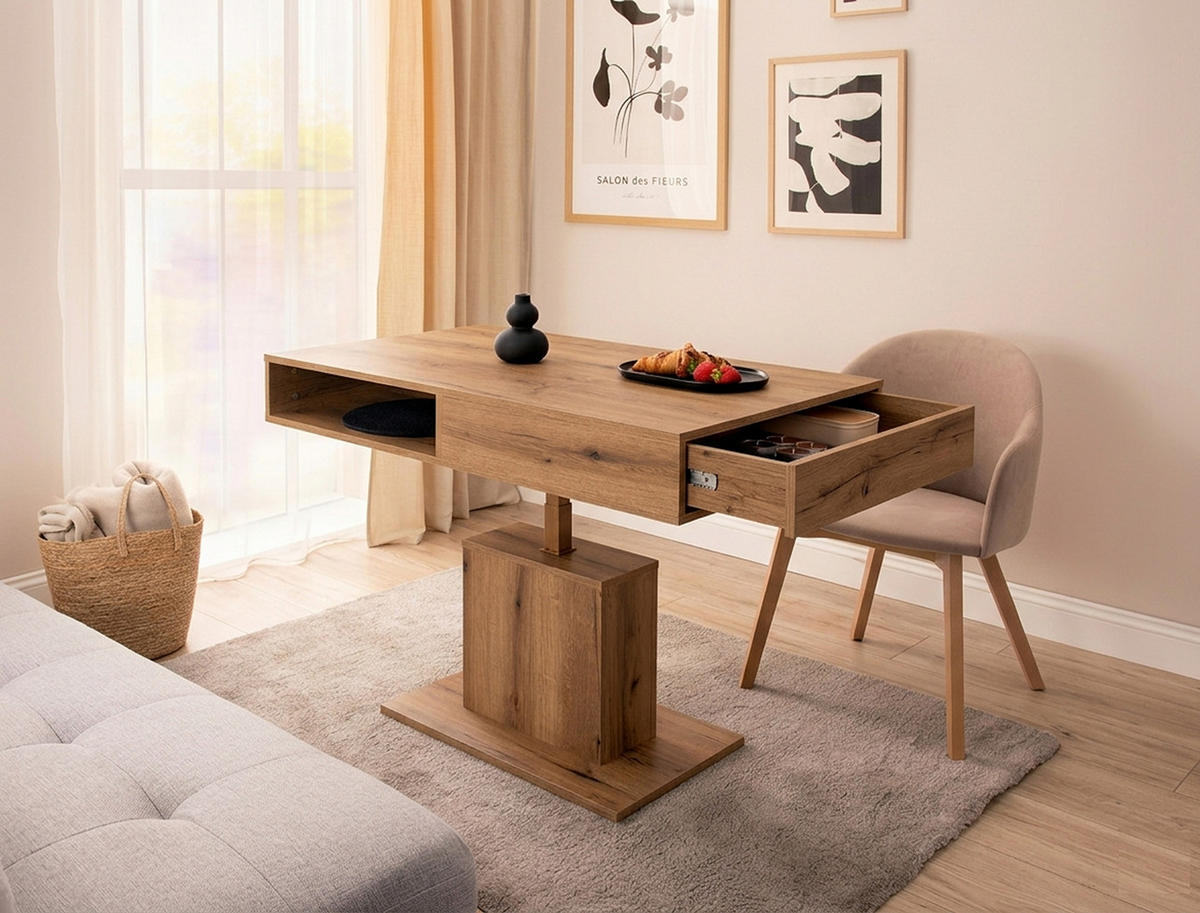 COUCHTISCH rechteckig stufenlos höhenverstellbar Schubalde 110/65/59 cm - Eichefarben, Holzwerkstoff (65/110/59cm) - designimpex
