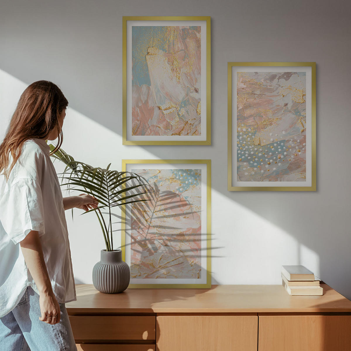 WANDBILDER 3er Set - 40x60 cm Goldrahmen - Abstrakte Pastellmuster - Goldfarben, Kunststoff (40/60cm) - ArtPrintCave