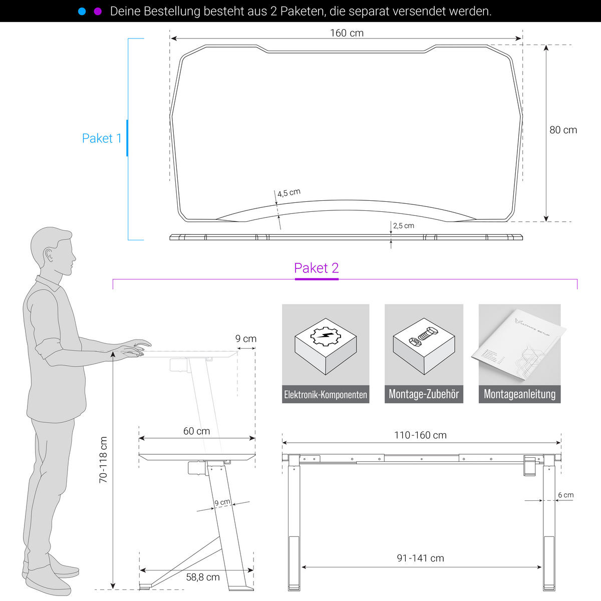 GAMING Tisch höhenverstellbar elektrisch 160x80 cm, Carbon-Optik - Schwarz, Kunststoff (160/80/120cm) - Ultimate Setup