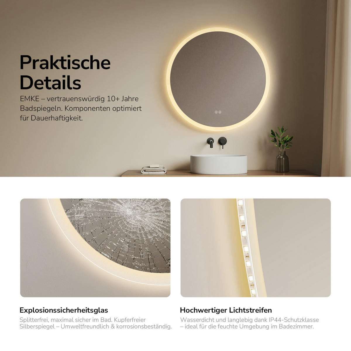 BADSPIEGEL Rund mit LED-Beleuchtung Lichtrand, 3 Lichtfarben, beschlagfrei, Ø 80 cm - Transparent, Glas (80/80/3.5cm) - EMKE