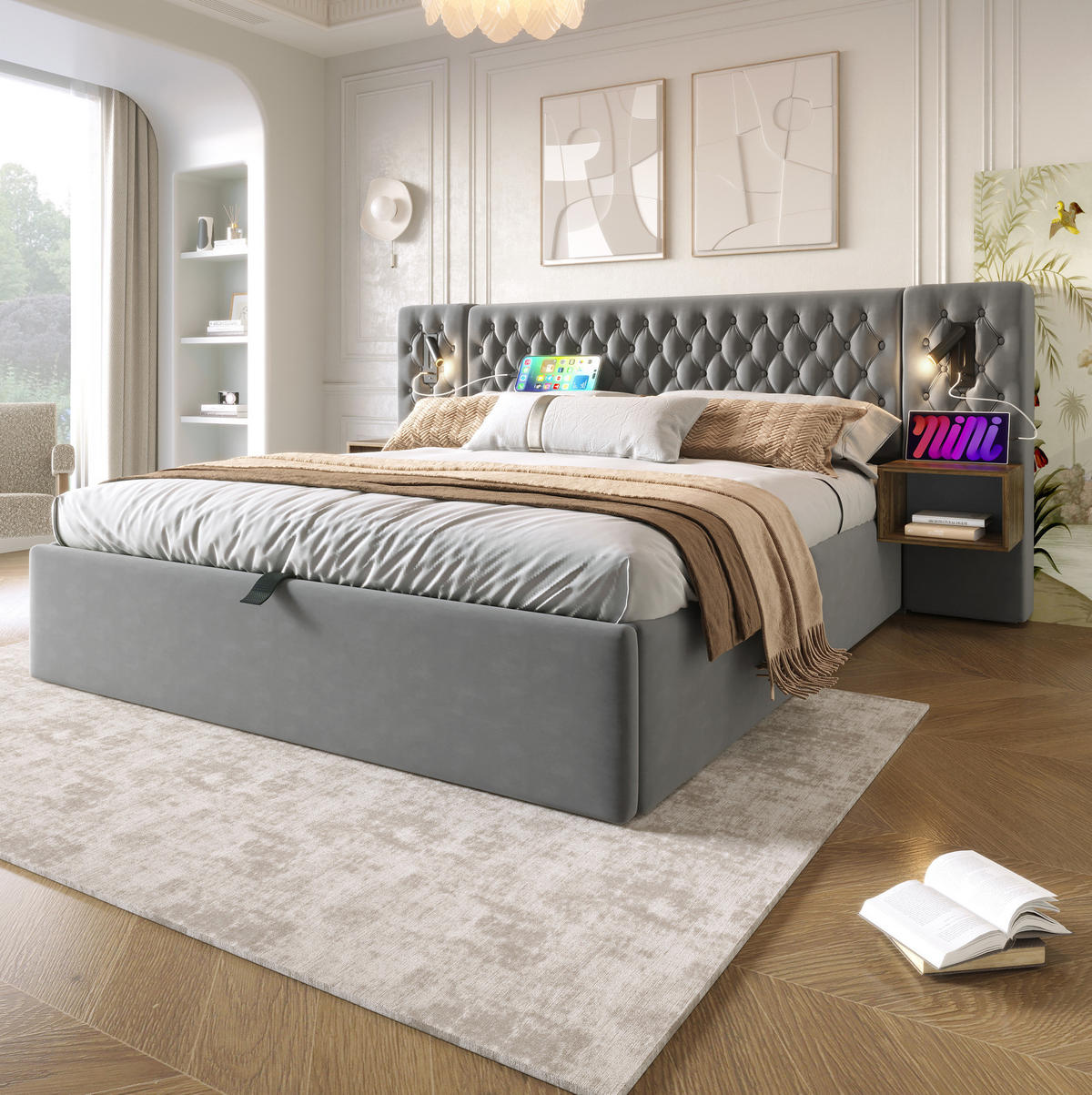 POSTEL 180/200 cm šedá ze sametu s úložným prostorem, 2 nočními stolky a USB osvětlením - šedá, textil (180/200cm) - OKWISH