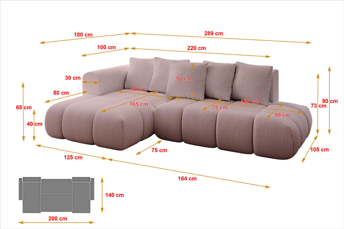 ECKSOFA Ottomane Links CLOUD-L-v1 289x180x40 Rosa Cord - Rosa, Holzwerkstoff/Kunststoff (180/289cm) - ALTDECOR