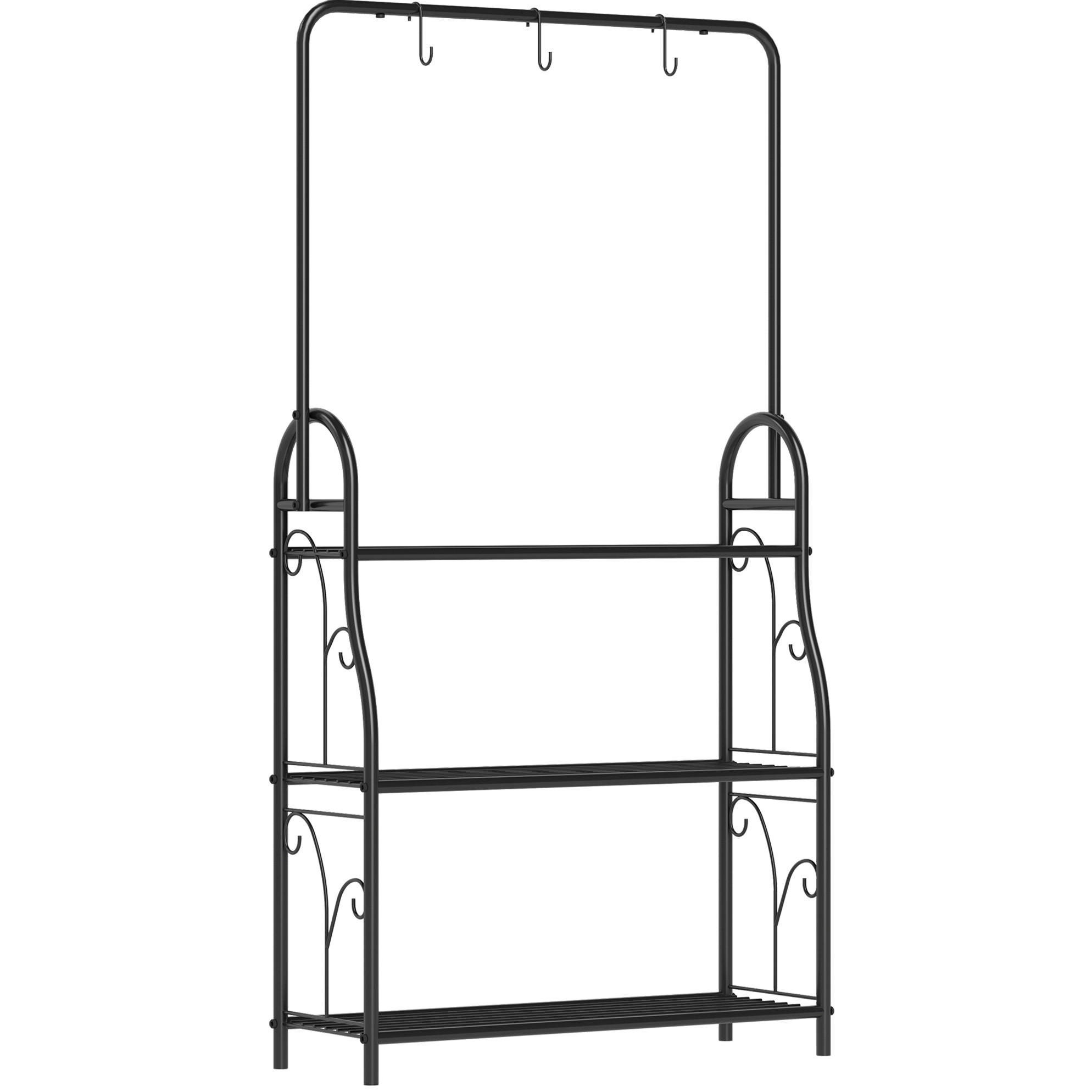 STOJAN na kvety 75/25/137 cm čierny z kovu s 3 policami, závesnou tyčou a háčikmi - čierna, kov (25/137/75cm) - OKWISH