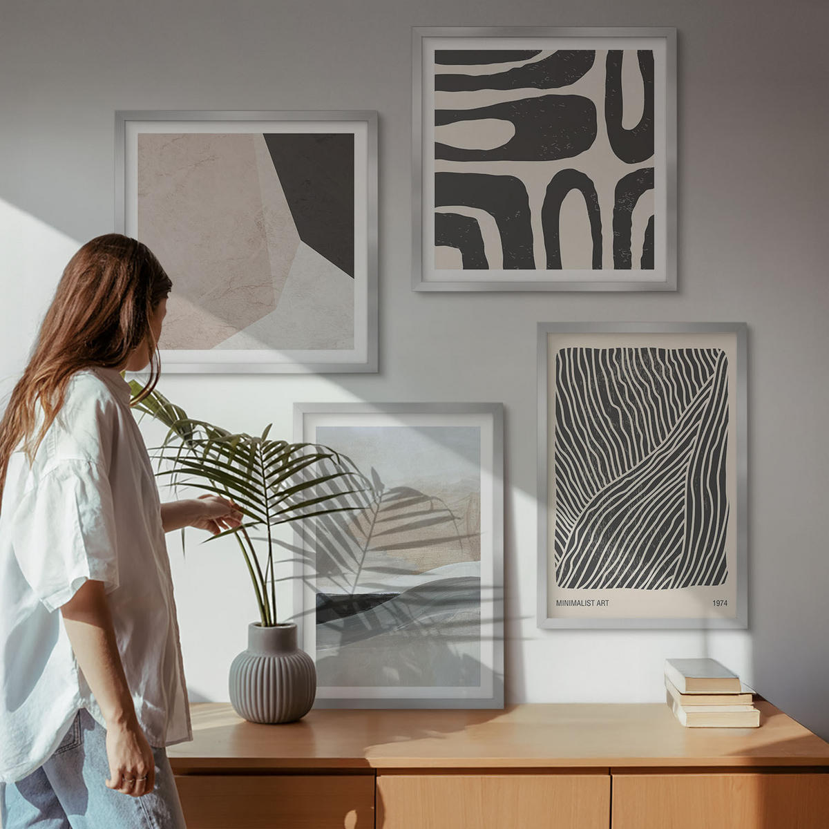 BILDER SET 4er Set - 50x50 cm & 40x60 cm Silberner Rahmen - Abstrakte Boho-Dekorationsmuster - Silberfarben, Kunststoff (50/50cm) - TULUP