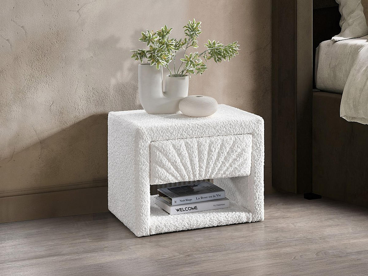 2ER-SET Nachttische - 1 Schublade und 1 Ablage - Bouclé-Stoff - Weiß - ULAMI - Weiß, Textil (35/41/50cm) - Vente-Unique