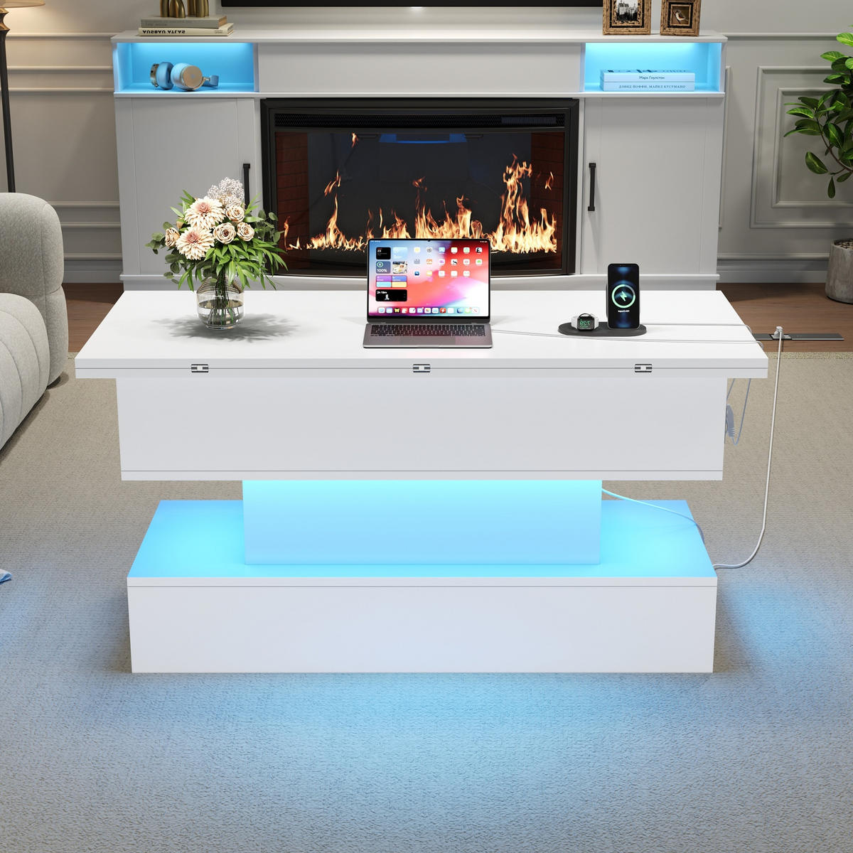 COUCHTISCH aus Spanplatte 100x50x51,5 cm in Weiß mit LED & Steckdose - Weiß, Holzwerkstoff (100/50/51.5cm) - Modfu