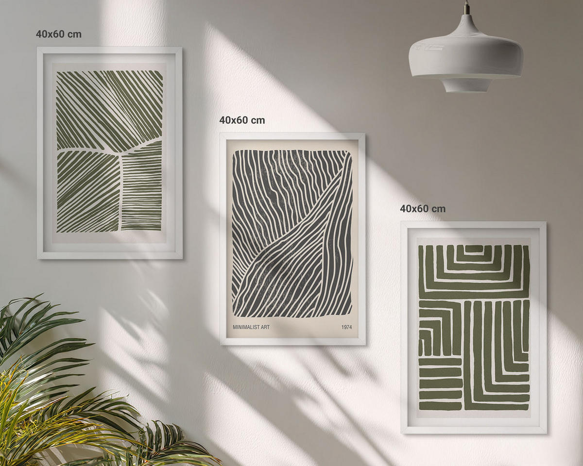 BILDER SET 3er Set - 40x60 cm Weißer Rahmen - Muster Linien Formen grün - Weiß, Kunststoff (40/60cm) - TULUP