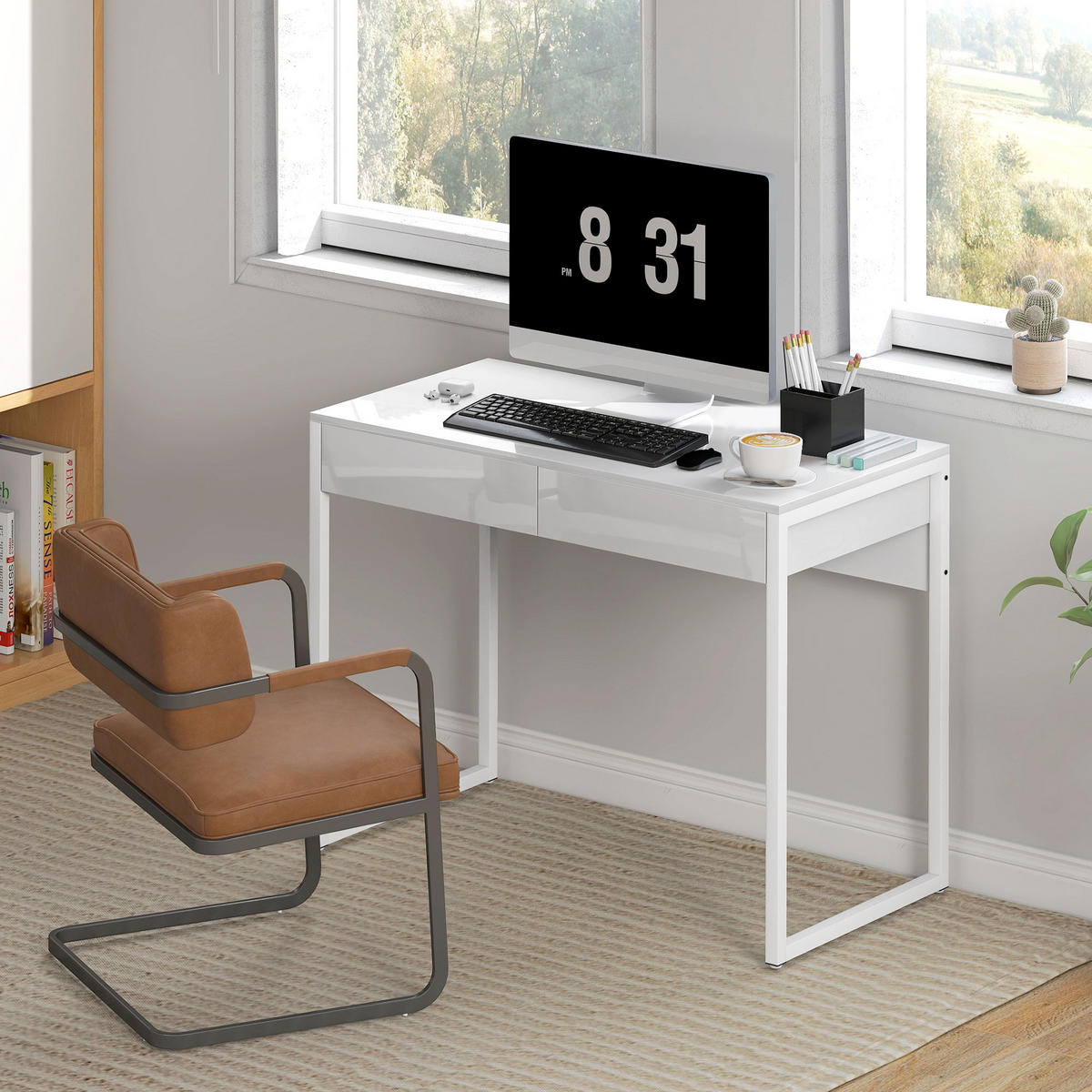SCHREIBTISCH DE-14909 2 Schubladen mit Hochglanz-Finish Weiß - Weiß, Metall (100/50/75cm) - ComfortXL