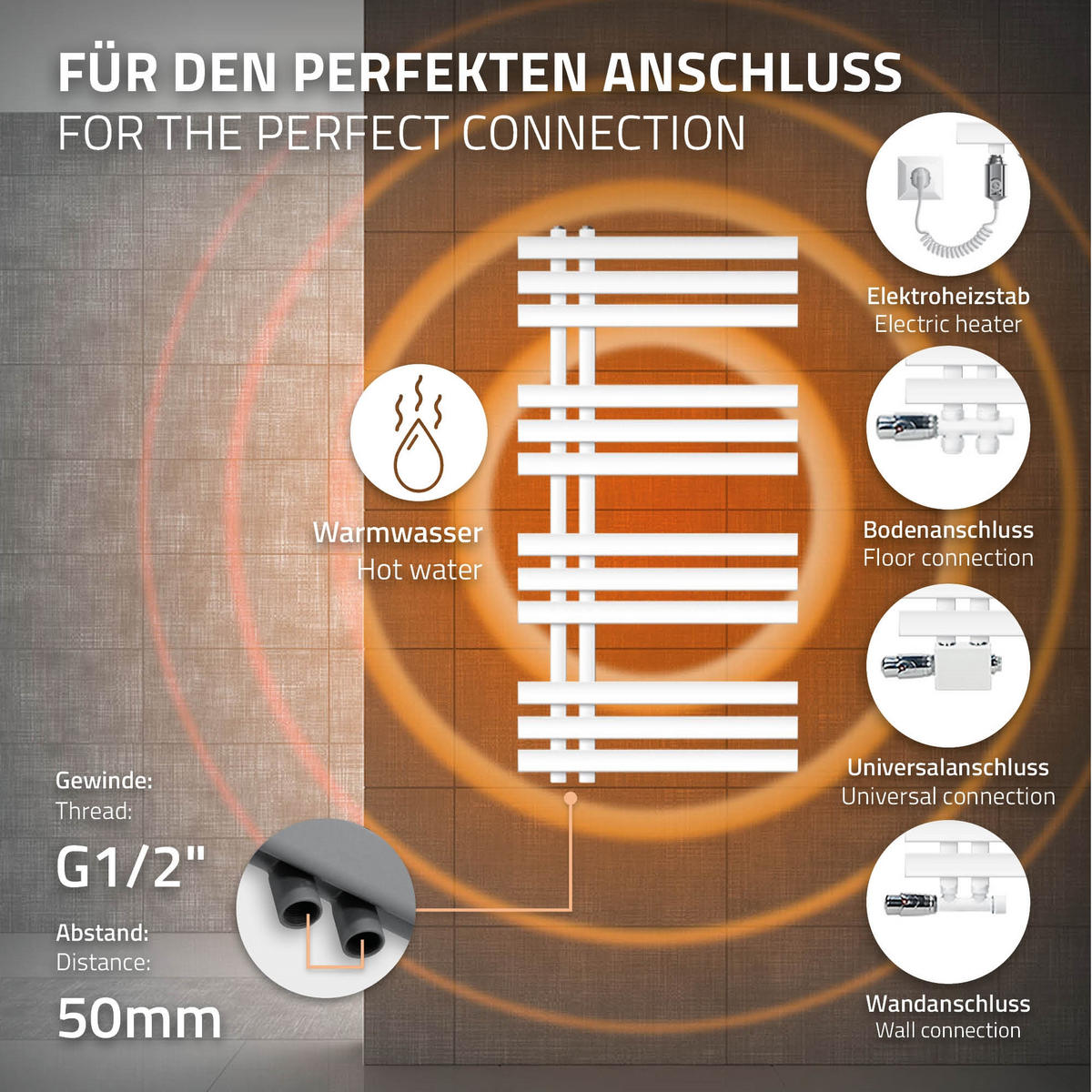 ELEKTRICKÝ koupelnový radiátor Iron EM 500 × 1000 mm, bílý, s topným tělesem 300 W - bílá, kov (50/100/3cm) - LuxeBath