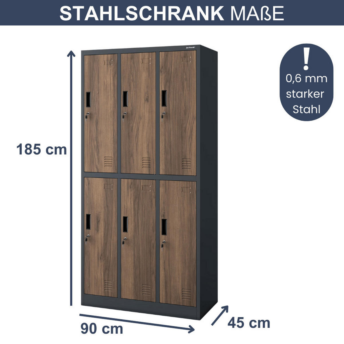 UMKLEIDESCHRANK Spind TOKIO 6 Abteile 185x90x45cm Anthrazit-Nussbaum - Anthrazit, Metall (90/185/45cm) - DELUKE