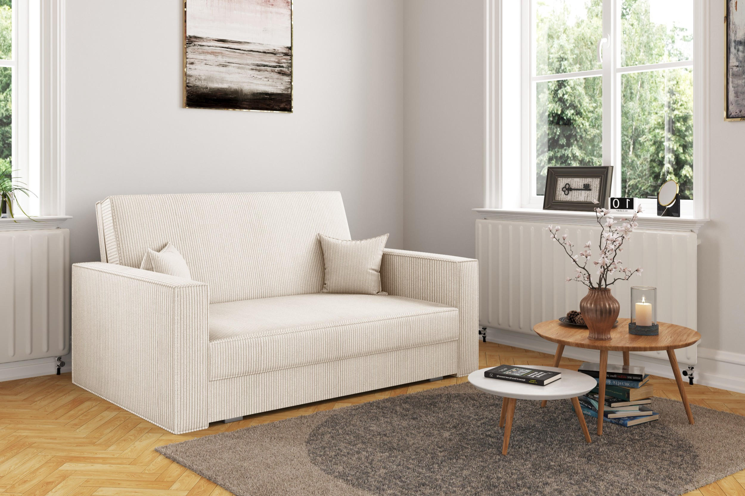 SOFA, Schlaffunktion - America Stoff Poso Ecru - Ecru, Holz (137/77/112cm) - Kaiser Möbel