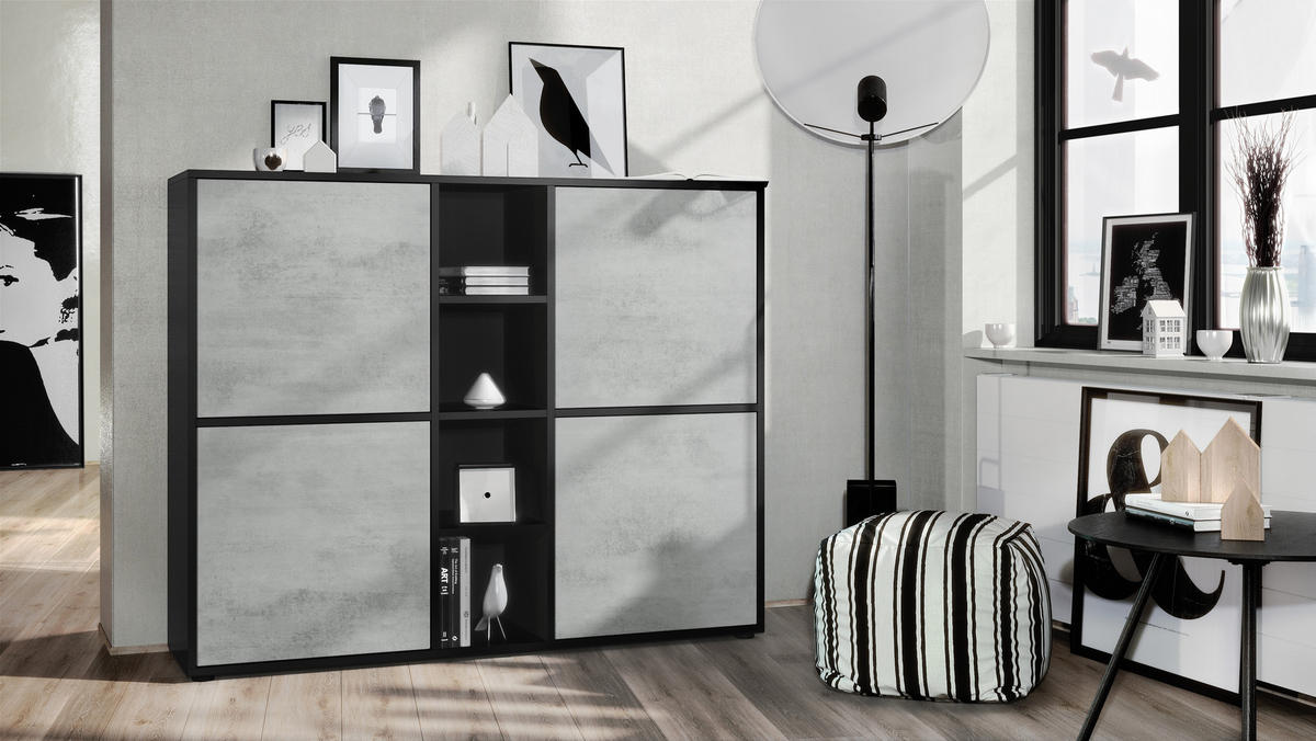 HIGHBOARD Cuba Türen in Beton Oxid Optik - Hellgrau, Holzwerkstoff (130.5/105.5/35.5cm) - Vladon