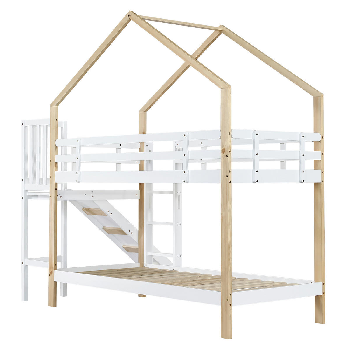 ETAGENBETT Mit Rutsche Weiß/Natur 90x200 cm - Weiß, Holz (90/200cm) - ComfortXL