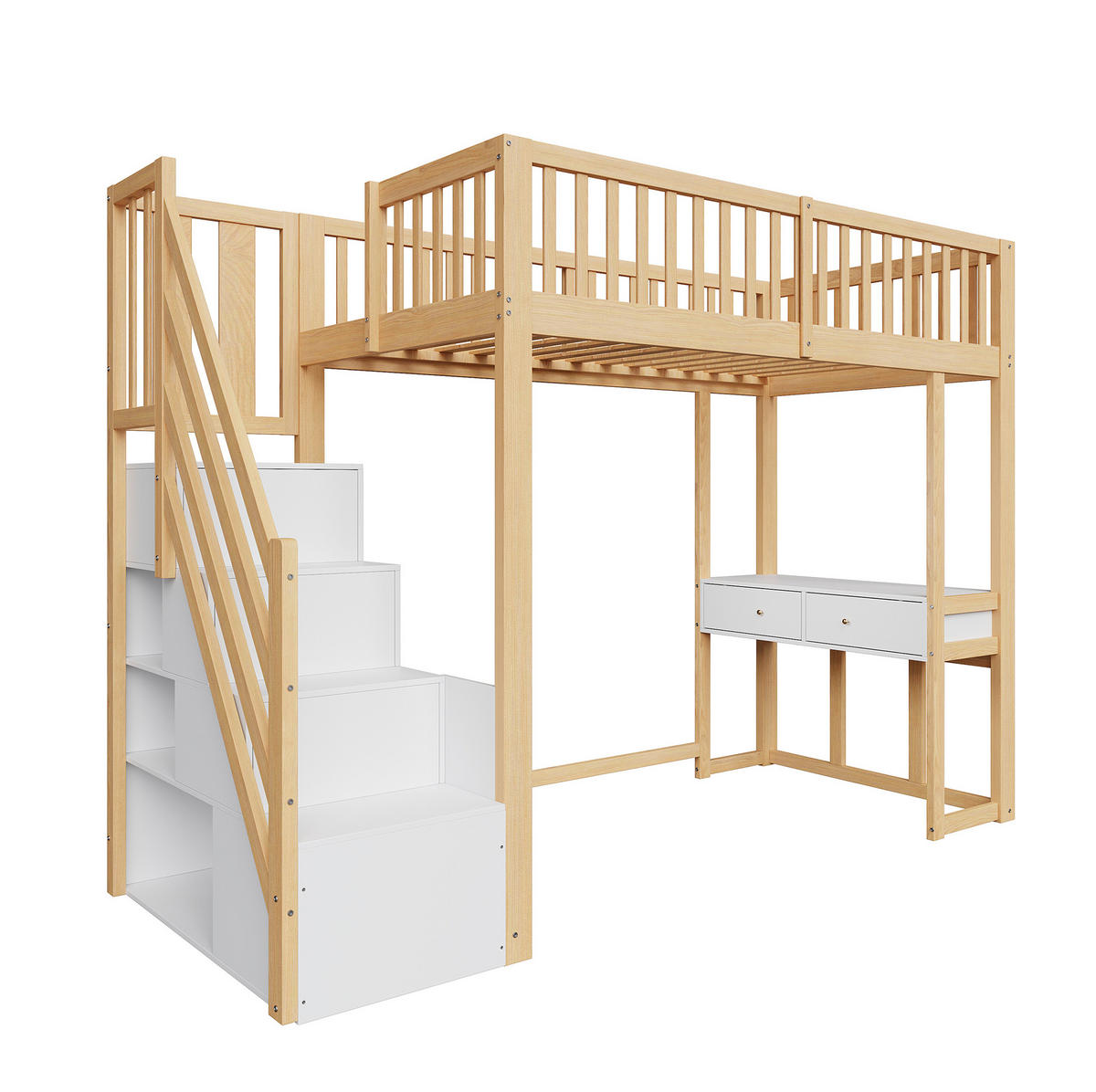 HOCHBETT 90/200 cm mit Multifunktionstisch und Aufbewahrungstreppe aus Kiefern, Weiß/Eiche hell - Weiß, Holzwerkstoff (90/200cm) - Redom