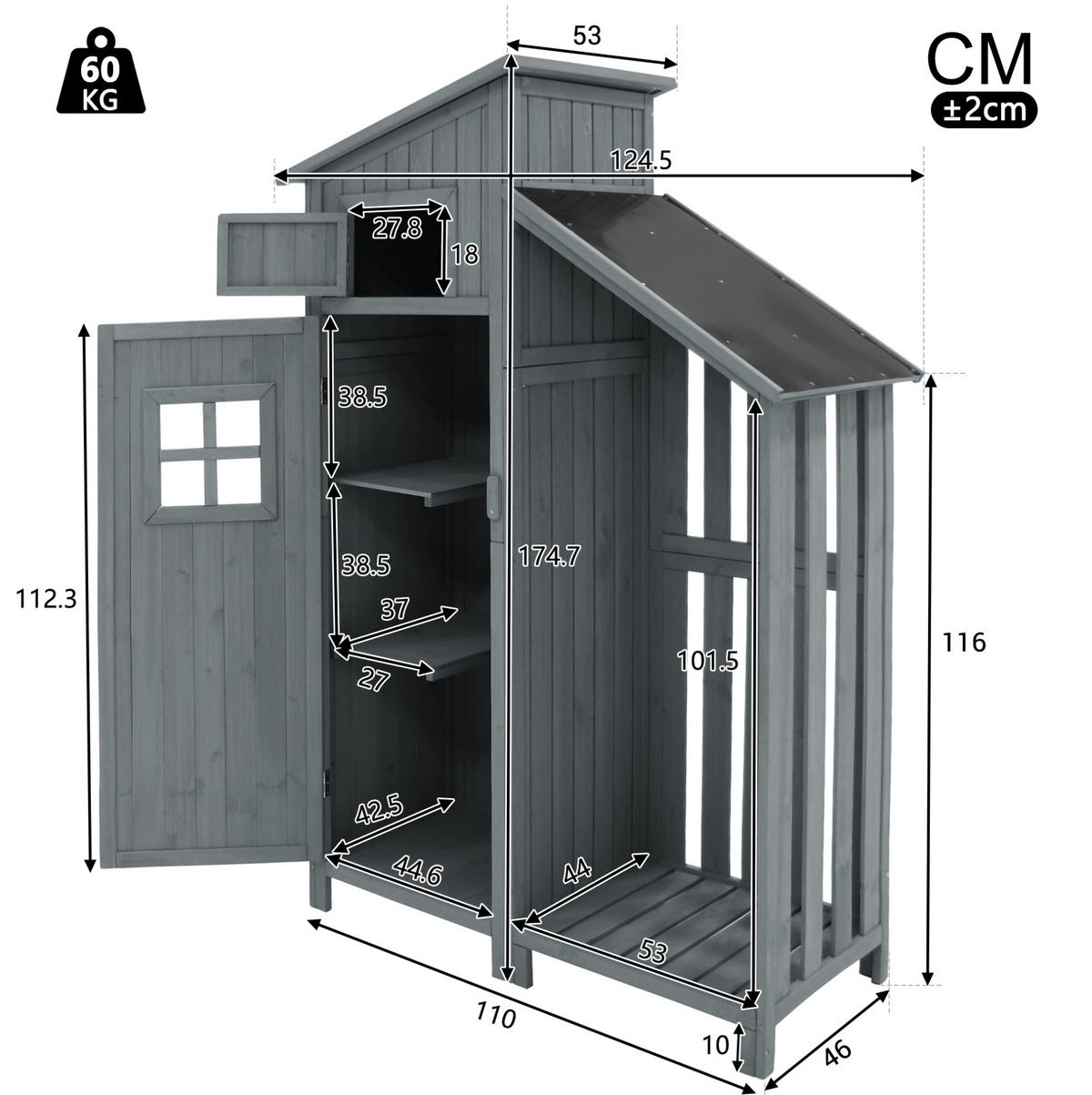 GARTENSCHRANK aus Massivholz 124x46x174 cm in Grau mit 2 Ablagen - Grau, Holz (46/174/124cm) - Modfu
